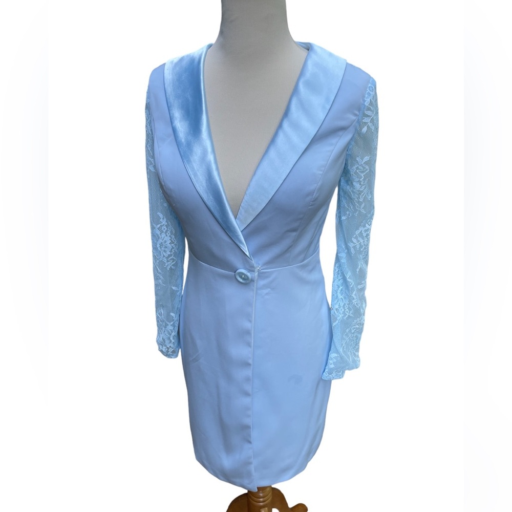 Elegant Sky Blue Chiffon Satin & Lace Wrap Sheath Column Dress size 4-6 NWT